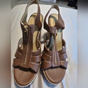 Michael Kors Brown Leather Sandals with Gold Zipper